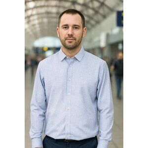 Tallia Navy Lavender Geometric Print Button Down Shirt Size Large 16.5" Classic